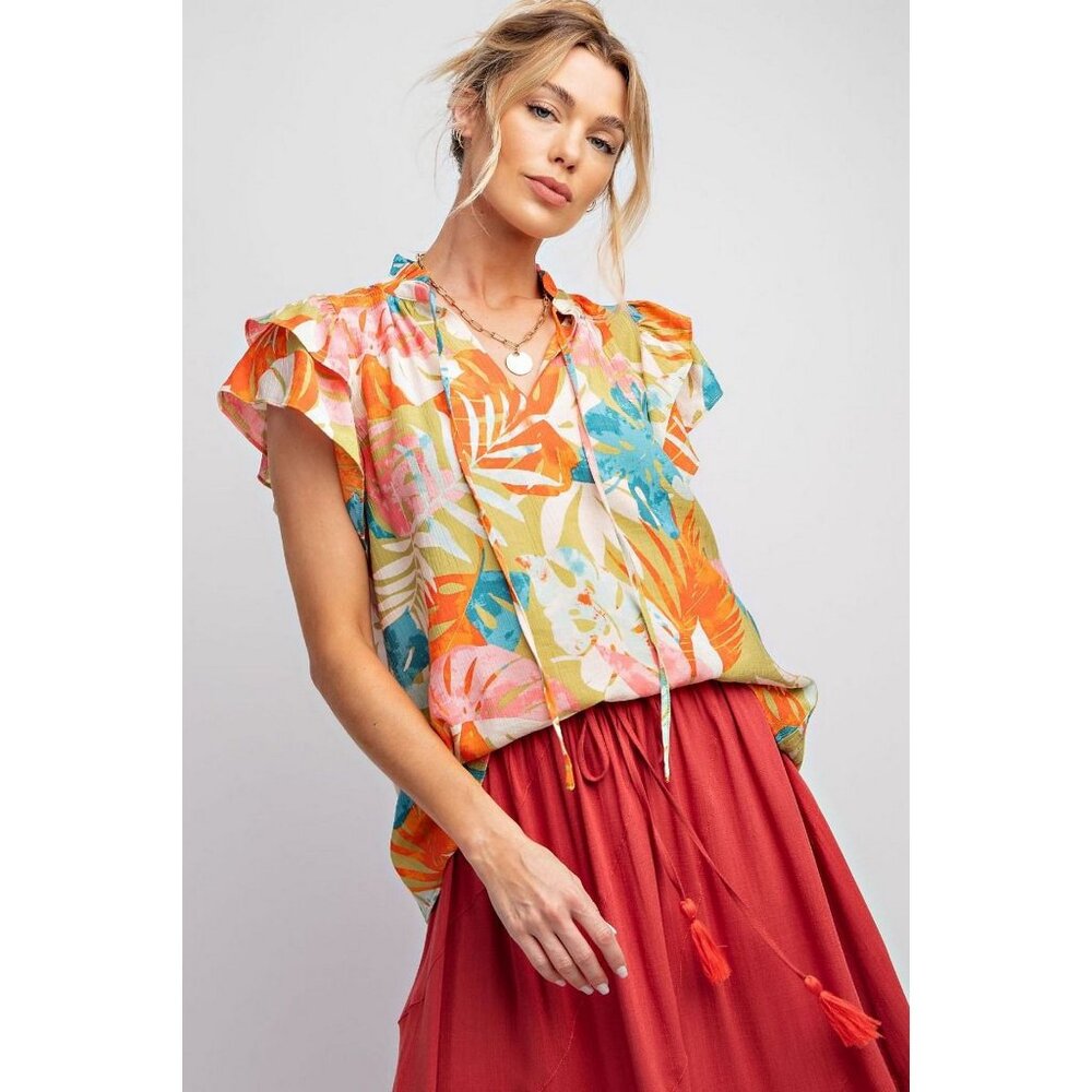 Easel Plus Sage Floral Print Peach Blossom Notched Neck Tops - Picture 3 of 5
